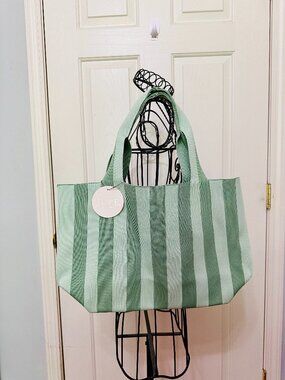 HARPER GREEN SAGE STRIPES KNIT SHOPPER TOTE BAG